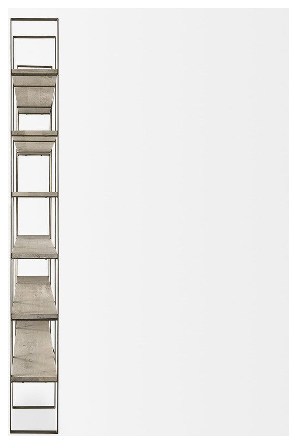 90" Gold and Natural Distressed Iron and Solid Wood Six Tier Bookcase