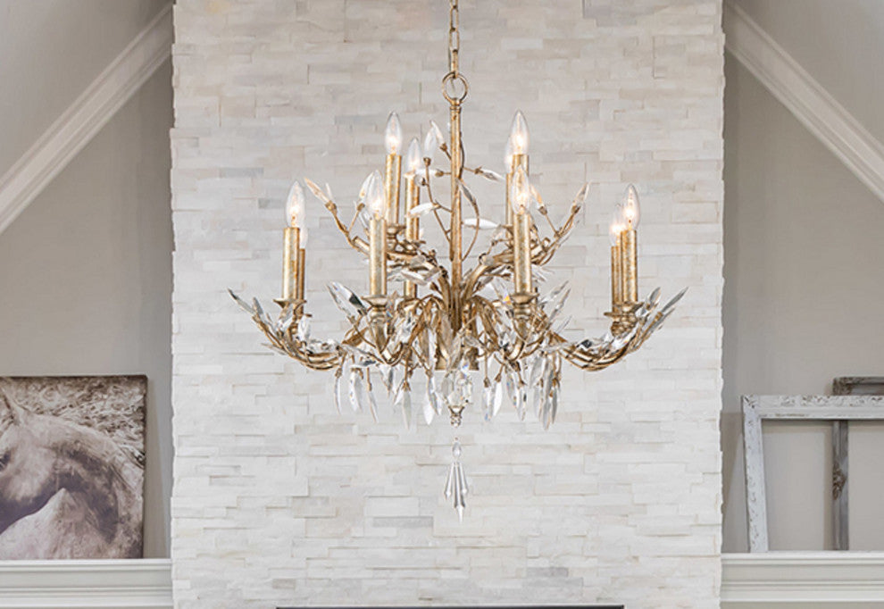 Silver and Antique Glazed 12 Light Chandelier With Flower Inspired Crystals