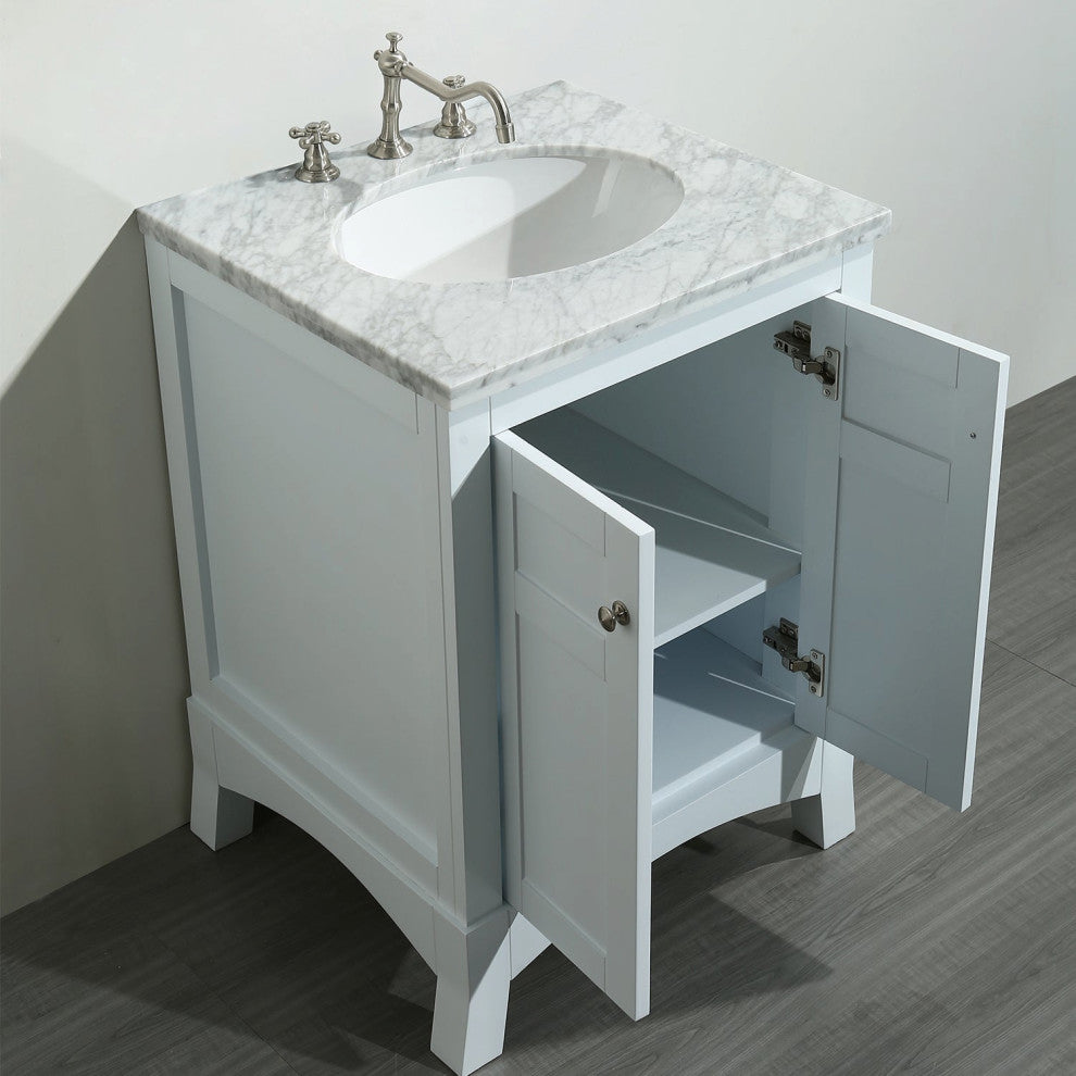 Eviva New York 24" White Bathroom Vanity, With White Marble Carrera Top and Sink