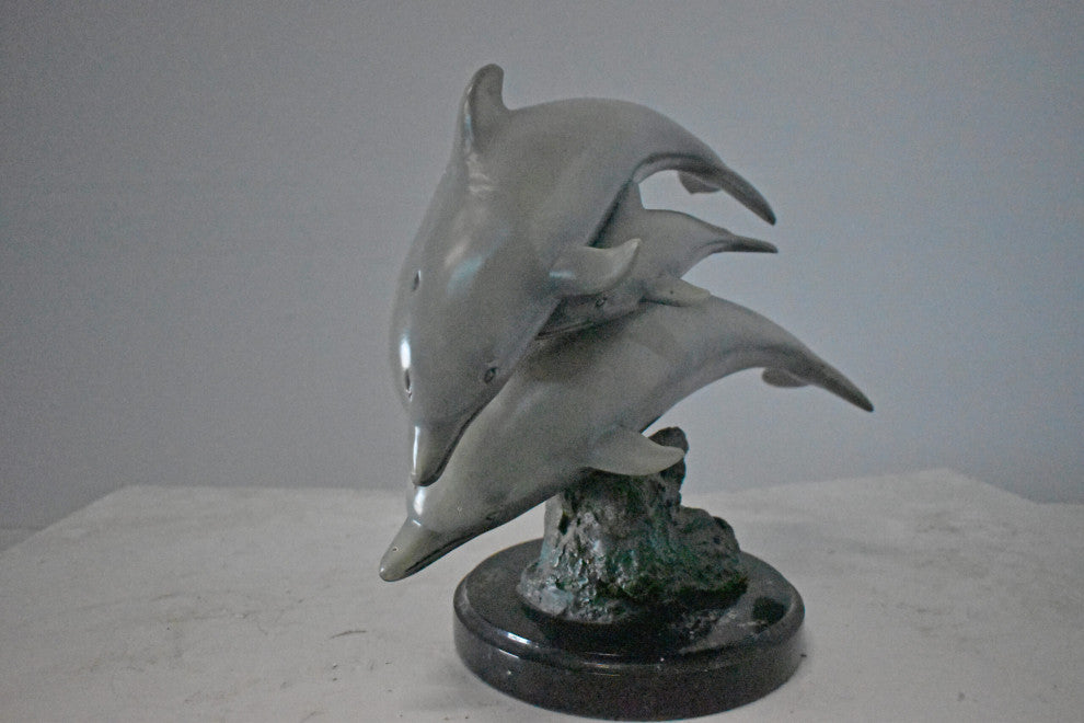 Three Grey Dolphins Swimming Bronze Statue on Marble - Size: 16"L x 9"W x 13"H