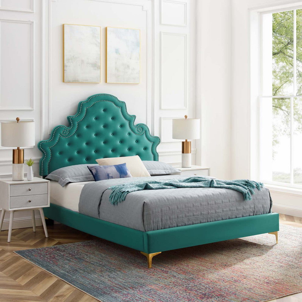 Tufted Platform Bed Frame, Twin Size, Velvet, Teal Blue, Modern Contemporary