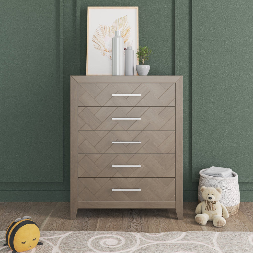 Modern Vertical Dresser, 5 Drawers With Elongated Metal Pulls, Crescent Gray