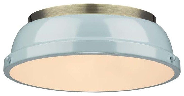 Golden Duncan 2 Light Flush Mount, Aged Brass, Seafoam Shade