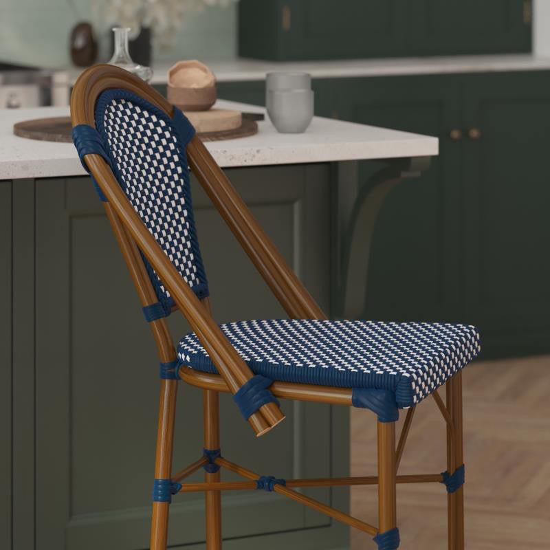 Set of 2 Stackable Indoor/Outdoor French Bistro 26" High Bar Stools, Navy & White/Natural Frame