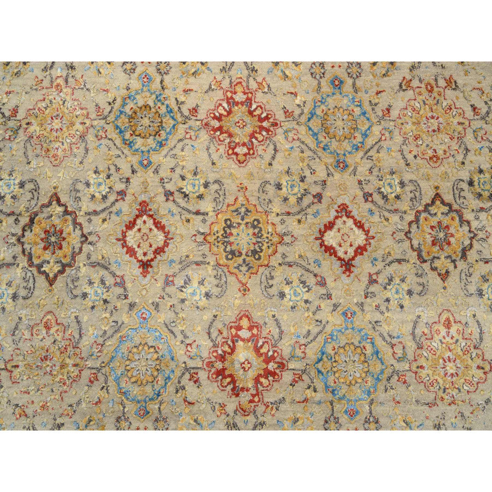 Beige, Wool and Pure Silk, Hand Knotted, Oriental, Round, Rug, 8'9" x 8'9"
