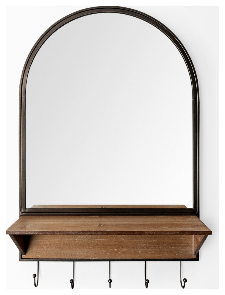 Neville Black Metal and Brown Wood Shelf With Hooks Arched Mirror, 30" x 20"