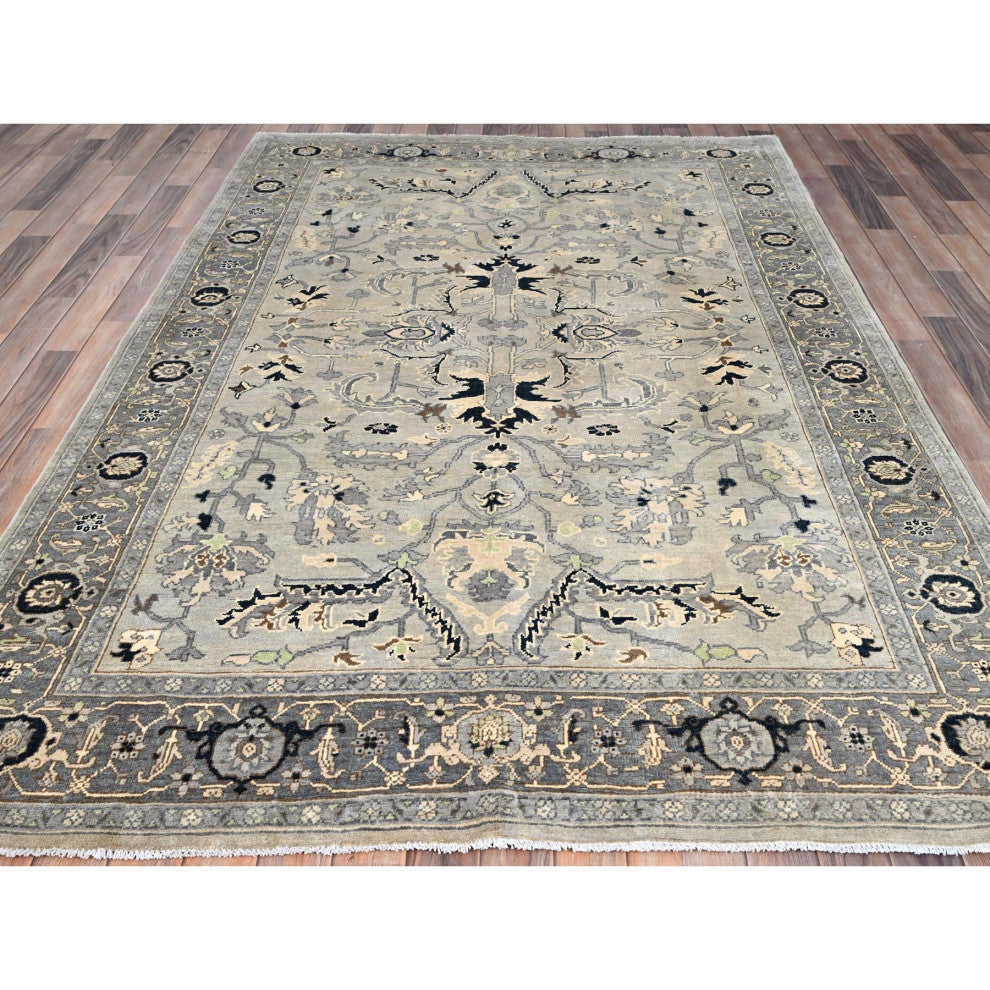 Gray, Serapi Heriz Design, Soft Wool, Hand Knotted, Oriental Rug, 6'x8'9"