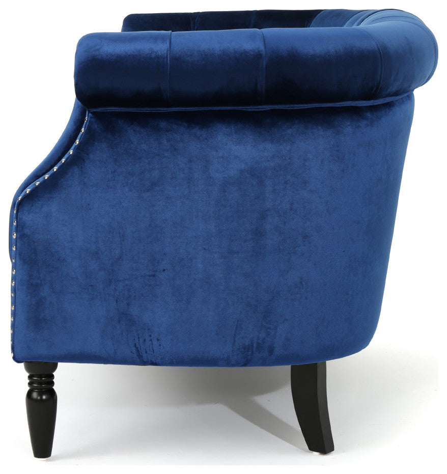GDF Studio Melaina Tufted Scroll Arm New Velvet Loveseat, Navy Blue