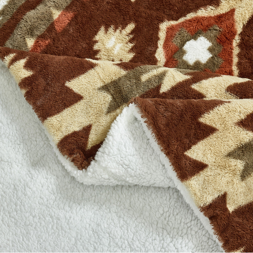 Southwest Blanket With Sherpa Backing, 90"x96", Coffee