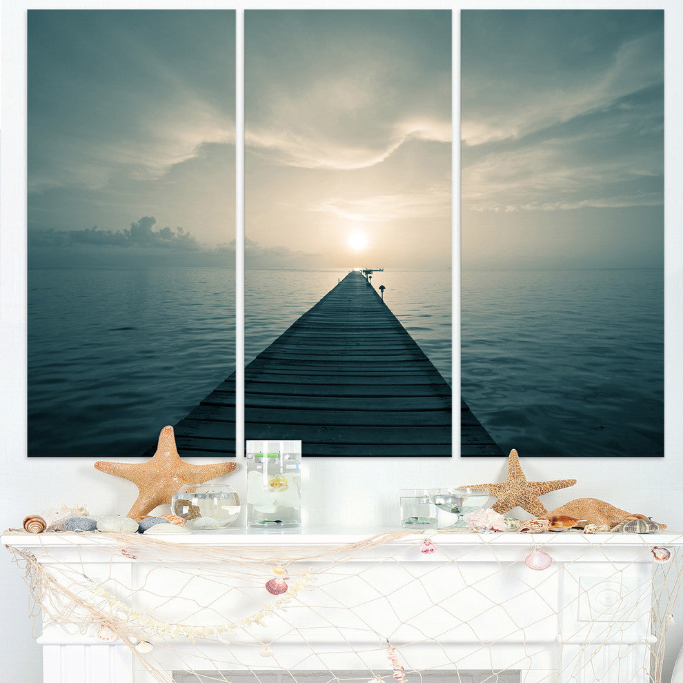 "Dark Boardwalk into Blue Sea" Sea Bridge Metal Wall Art, 3 Panels, 36"x28"