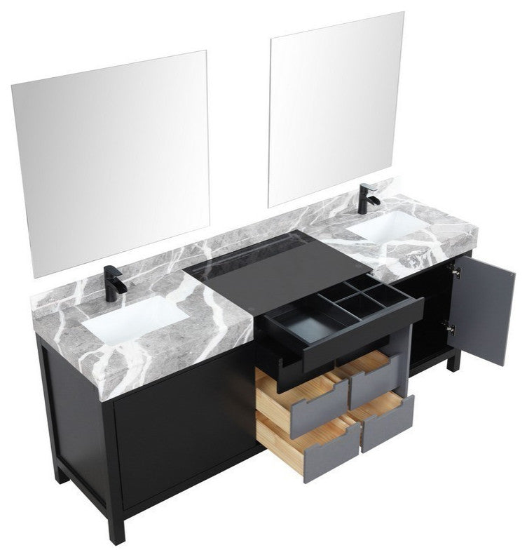 Zilara Black and Grey 84" Double Vanity Set, Cascata Nera Matte Black Faucet Set
