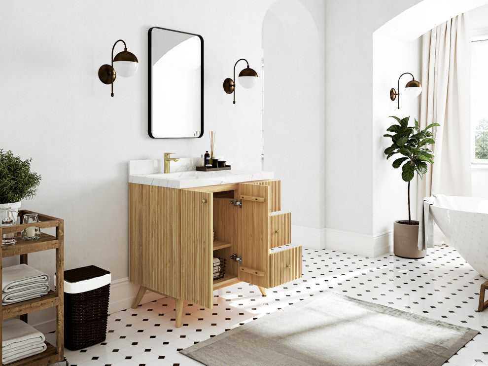 Pasadena 36 Left Offset  Bath Vanity in Light Natural Teak 2" Carrara Quartz