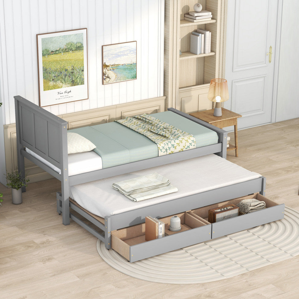 Gewnee Twin Size Platform Bed with Trundle and Drawers, Gray