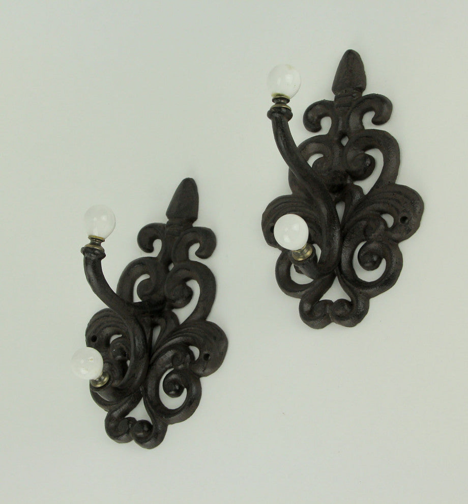 Brown Cast Iron Fleur De Lis Double Wall Hooks Set of 2