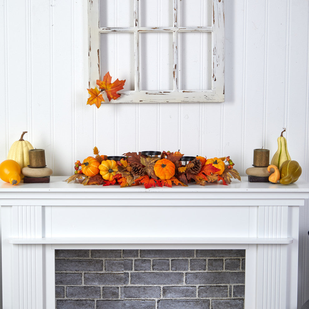 36" Autumn Maple Leaves, Pumpkin and Berries Harvest Candelabrum Arrangement