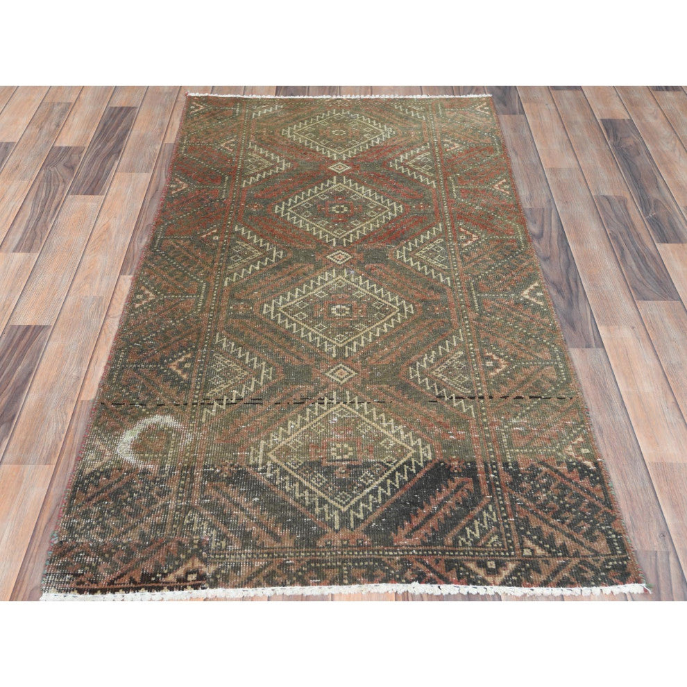 Umber Brown Vintage Persian Baluch Worn Wool Hand Knotted Oriental Rug 3'x5'5"