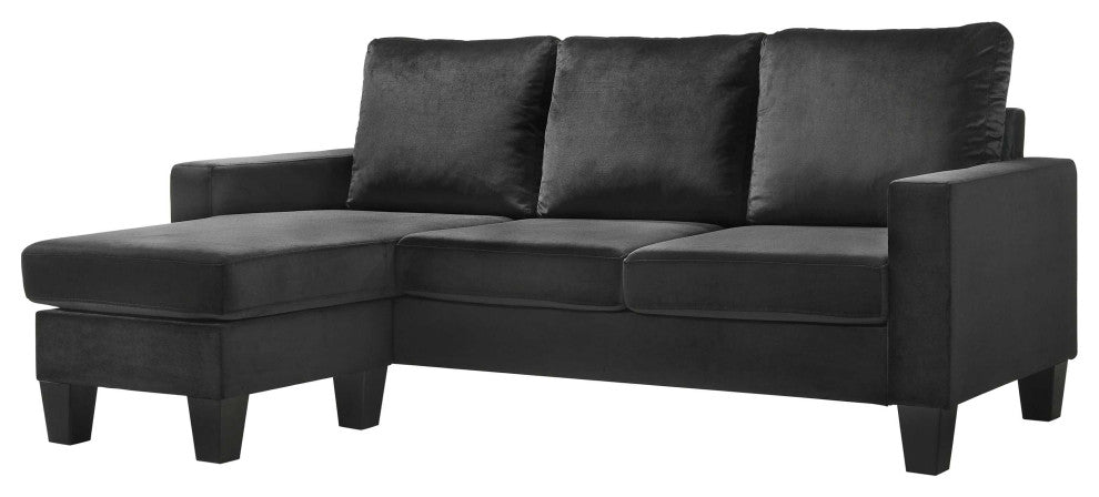 Jessica 77 in. W Flared Arm Velvet L Shaped Sofa, Black