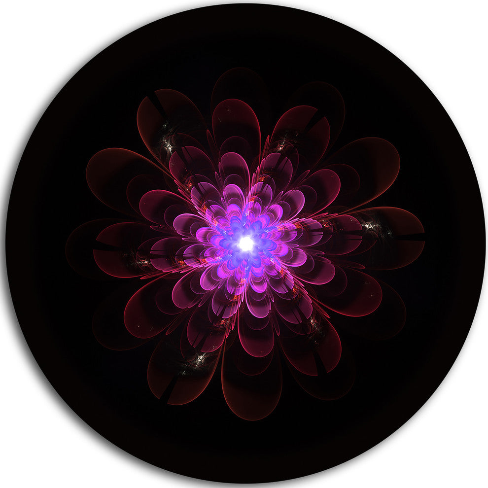 Glowing Fractal Flower Pink On Black, Floral Round Metal Wall Art, 11"