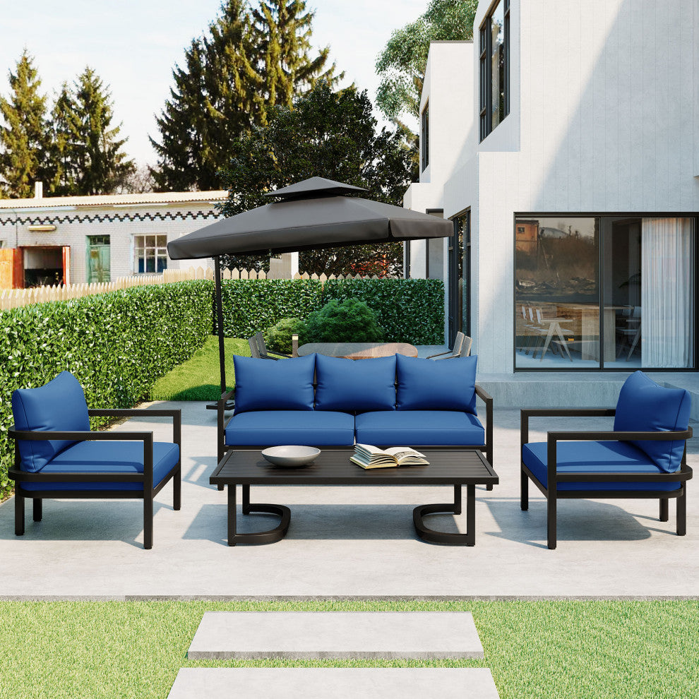 4-Piece Outdoor  Steel Patio Sectional with Table and Cushions, Blue