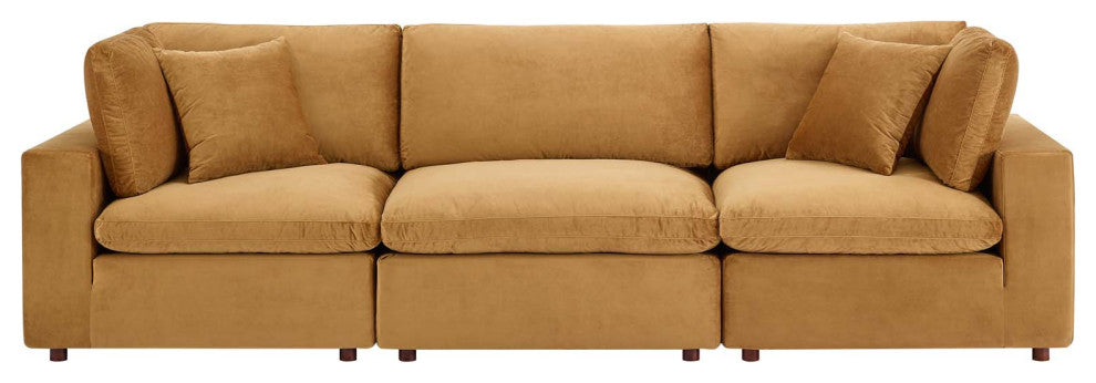 Commix Down Filled Overstuffed Performance Velvet 3-Seater Sofa Cognac