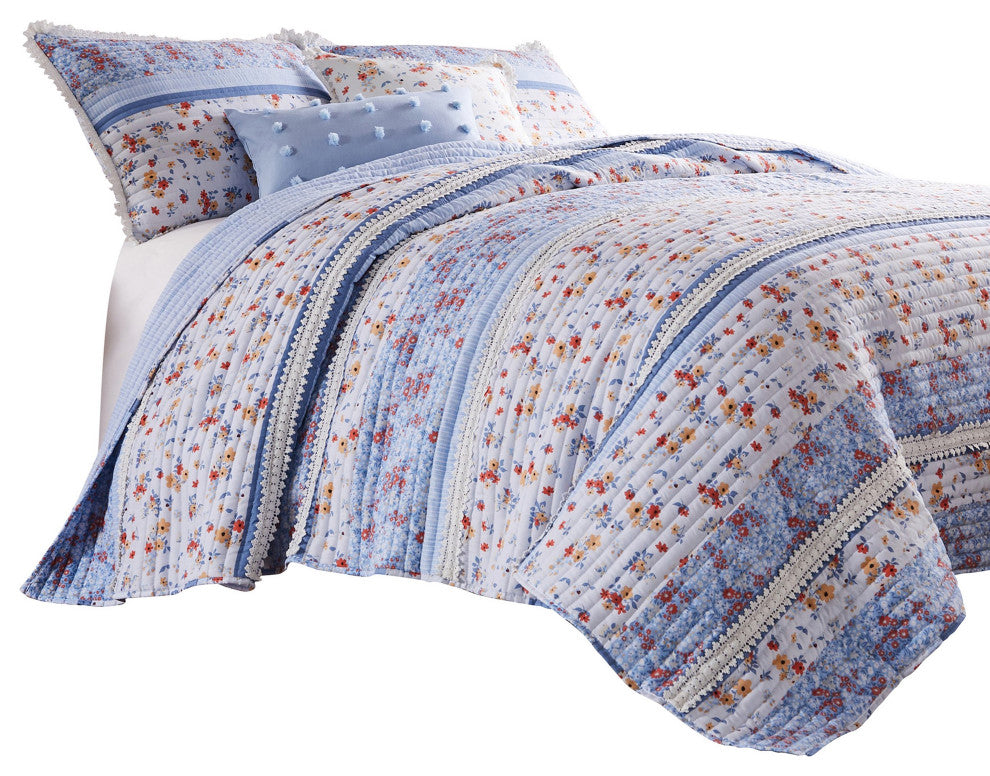 Benzara BM282008 Microfiber Queen Quilt Set, Floral Print, Lace Trim, Multicolor