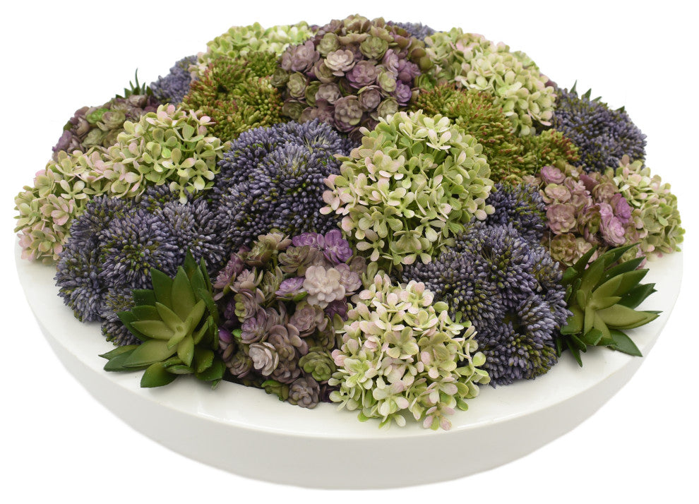 Creative Displays Arrangement, Sedum and Hydrangea, Glossy White Round Planter