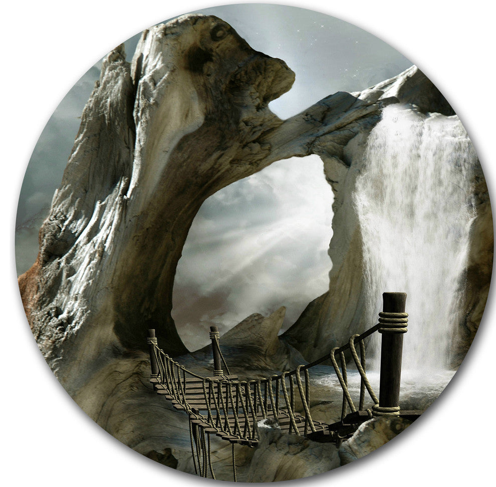 Trunk With Waterfall, Landscape Art Disc Metal Artwork, 11"