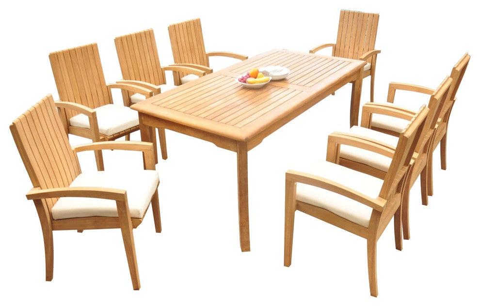 9-Piece Outdoor Teak Dining Set: 71" Rectangle Table, 8 Goa Stacking Arm Chairs