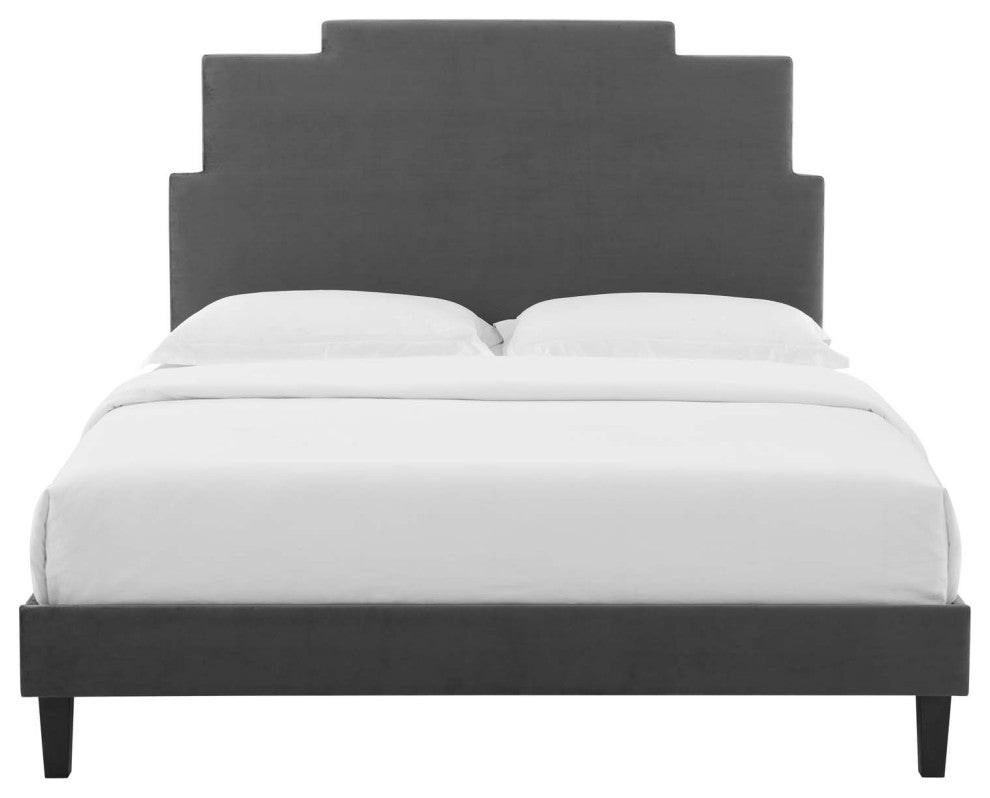 Platform Bed Frame, King Size, Velvet, Dark Gray, Modern Contemporary