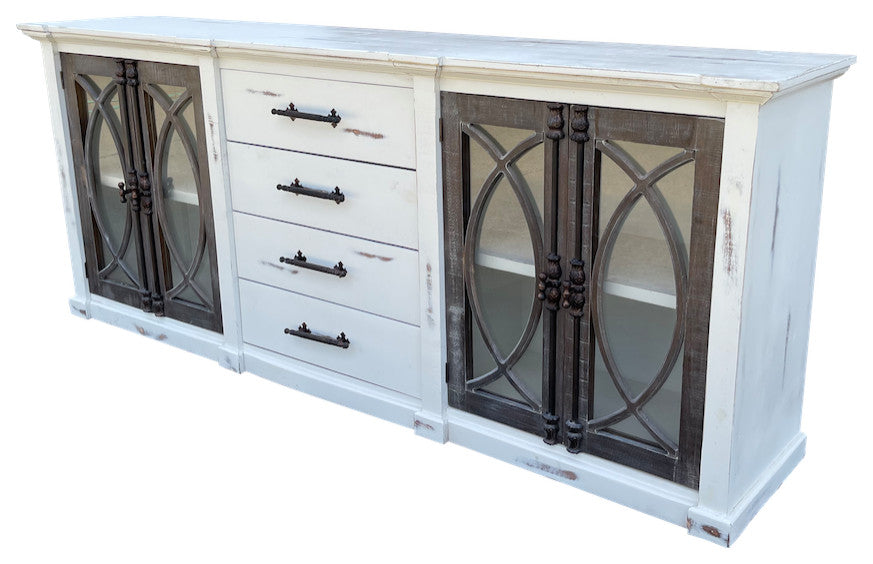 Large Media Console With Iron Hardware, White With Brown Doors
