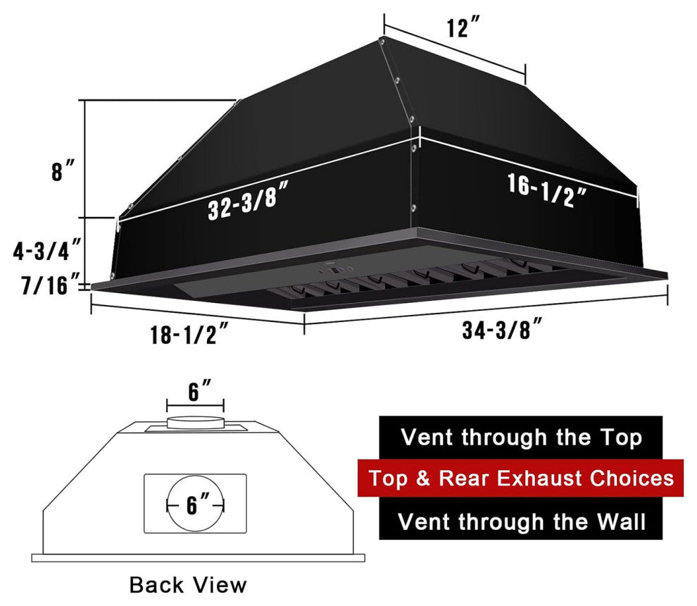 36" Insert/Built-in Matte Black Range Hood, Dimmable, 3-Speeds 600CFM, Cool White Light, Matte Black