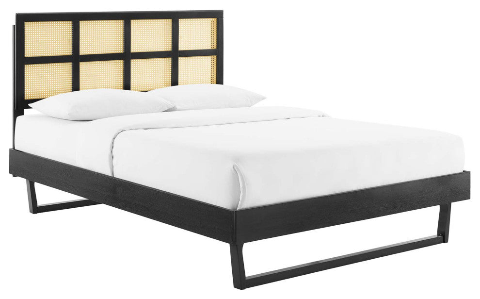Sidney Cane and Wood Queen Platform Bed With Angular Legs