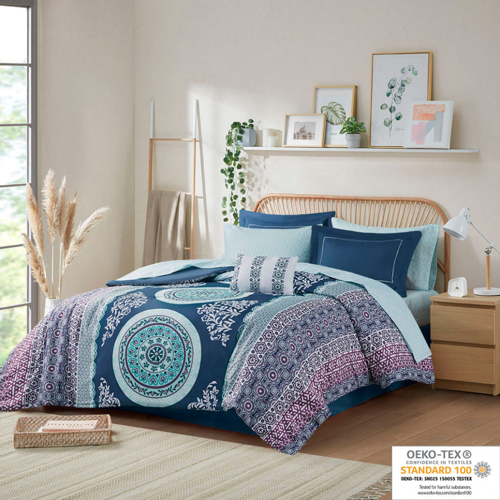 Intelligent Design Loretta Boho Comforter Set With Bed Sheets, Navy