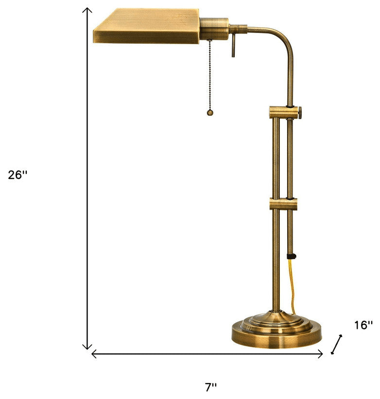 26" Bronze Metal Adjustable Table Lamp With Antiqued Brass Rectangular Shade