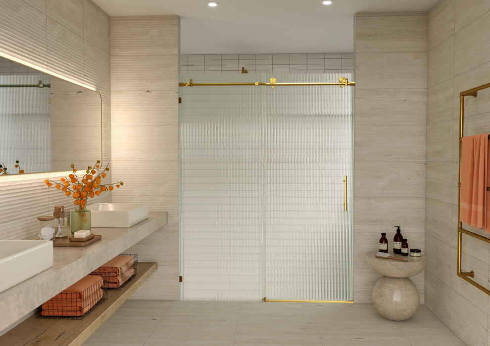 Galaxy 60"x78" Frameless Glass Sliding Shower Doors, Satin Brass, Right