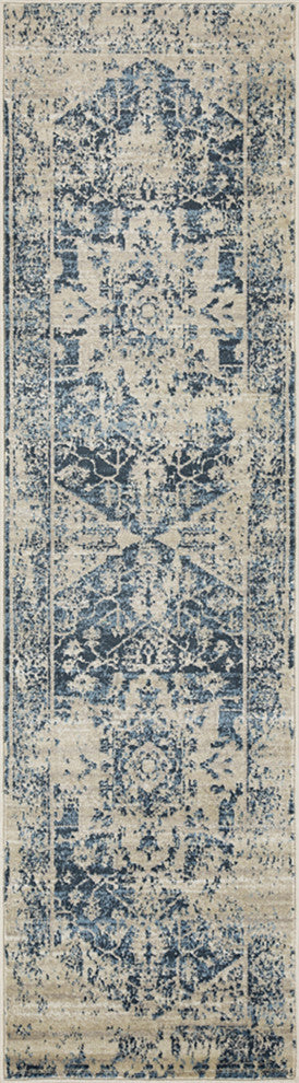 2"x8" Beige Blue Distressed Medallion Runner Rug