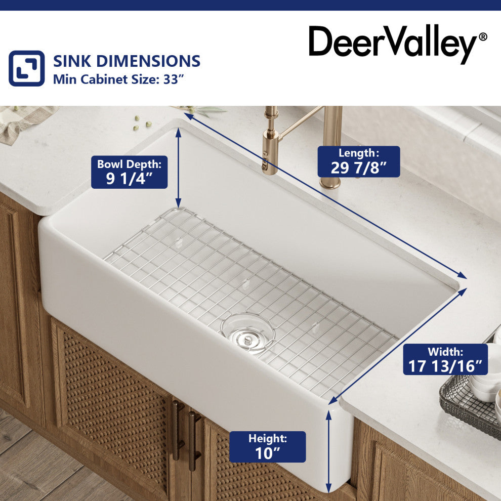 30"L x 18"W Farmhouse Kitchen Sink Single Bowl Kitchen Sink with Sink Grid