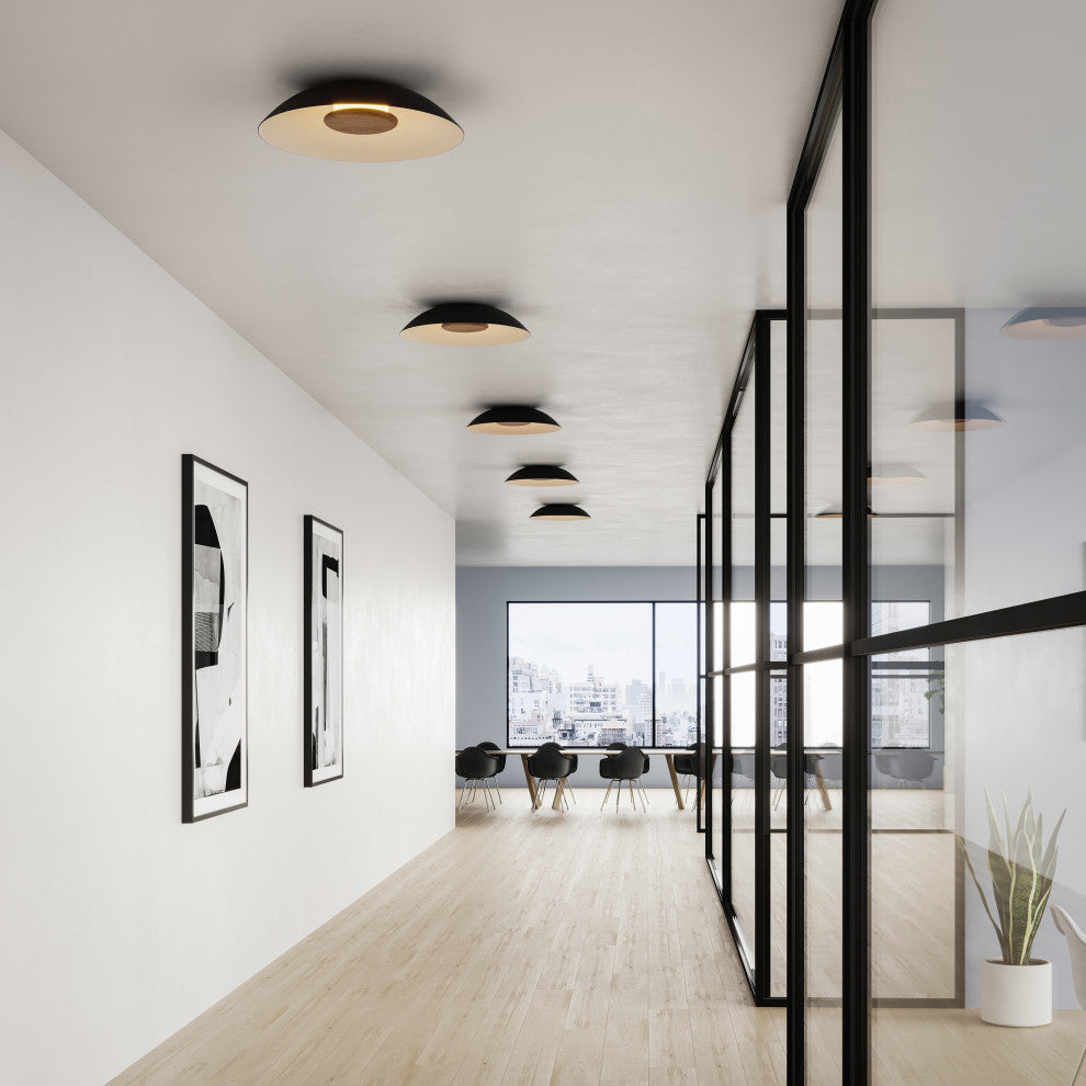 Volo LED Flush Mount, Deux - Black/White Shade, Brown Leather/Walnut Disc, 3500K