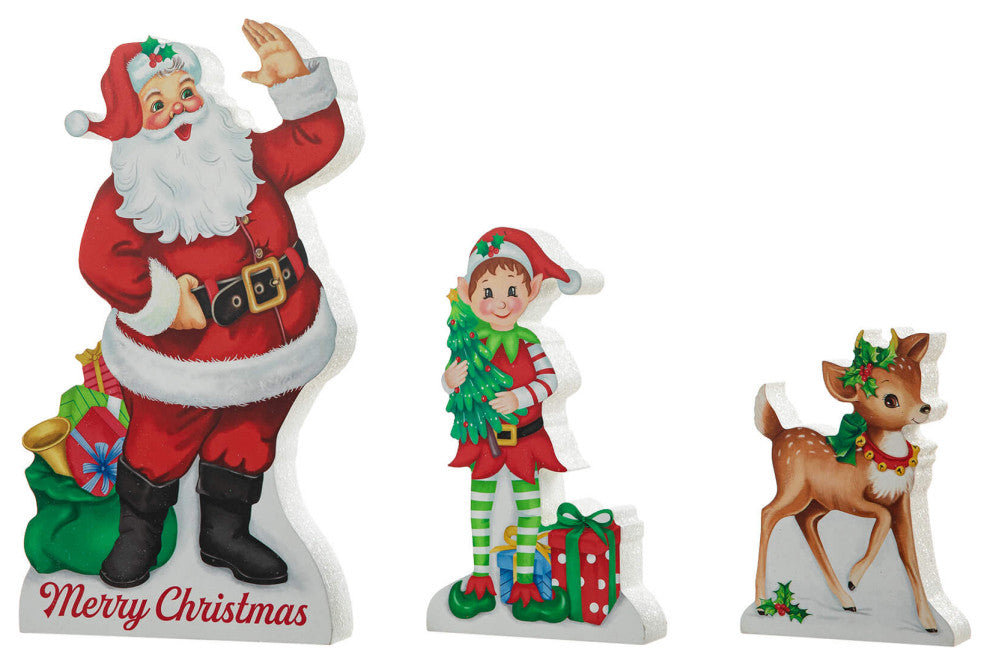 Wooden Christmas Santa, ELF, Reindeer Decor, 3-Piece Set