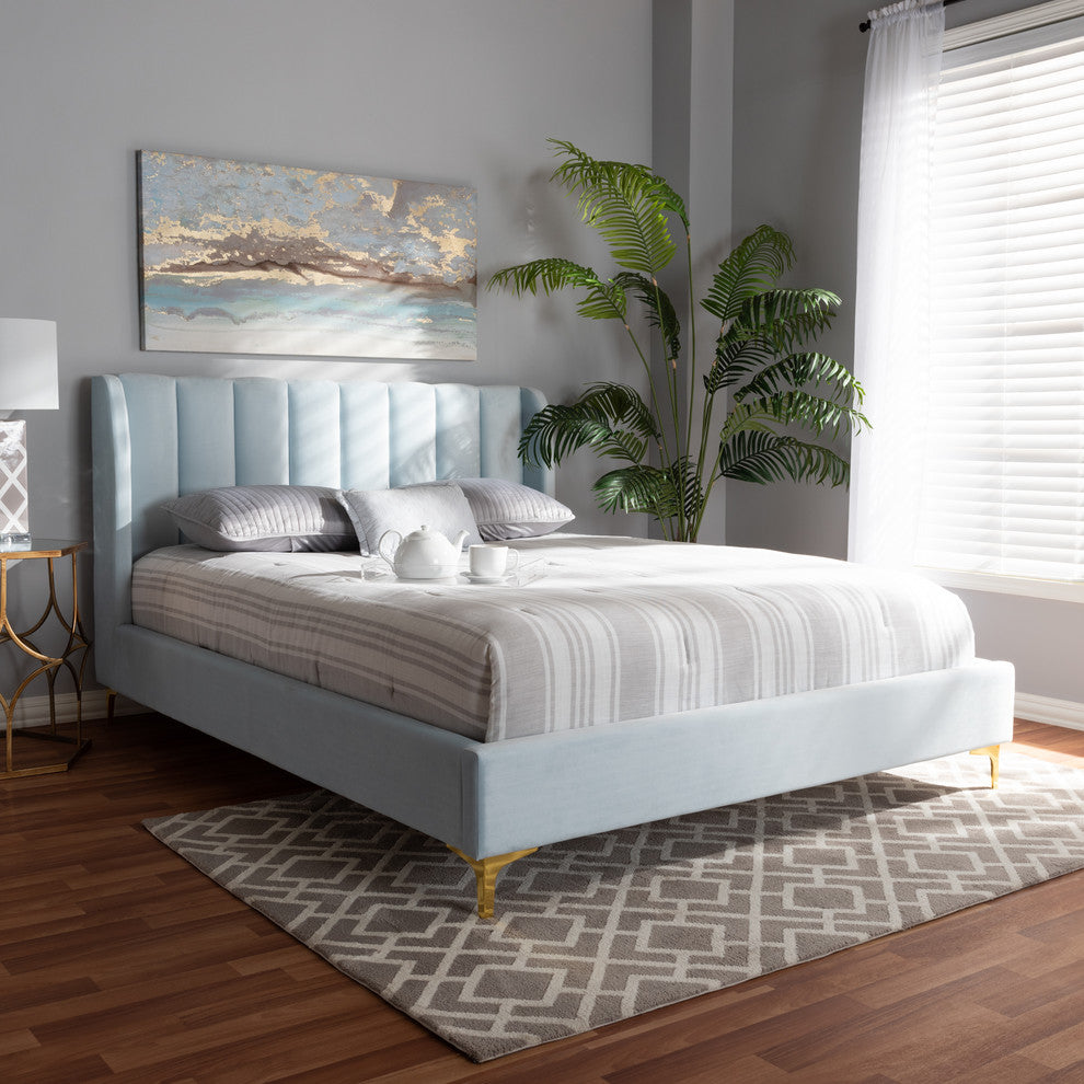 Carmen Light Blue Velvet Upholstered Queen Platform Bed With Gold-Tone Legs