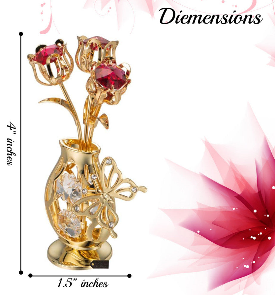 Matashi 24K Gold Plated Flower Ornament in Vase w Crystals Decorative Butterfly