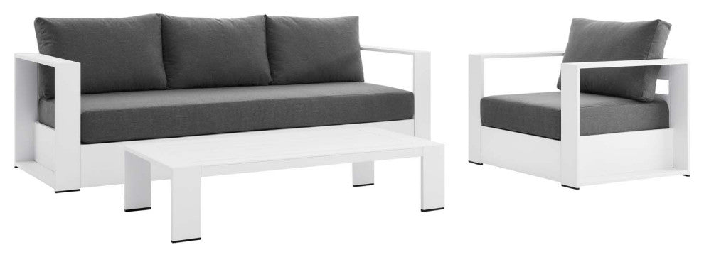 Sectional Sofa Table Set, White Gray, Aluminum, Modern, Outdoor Patio