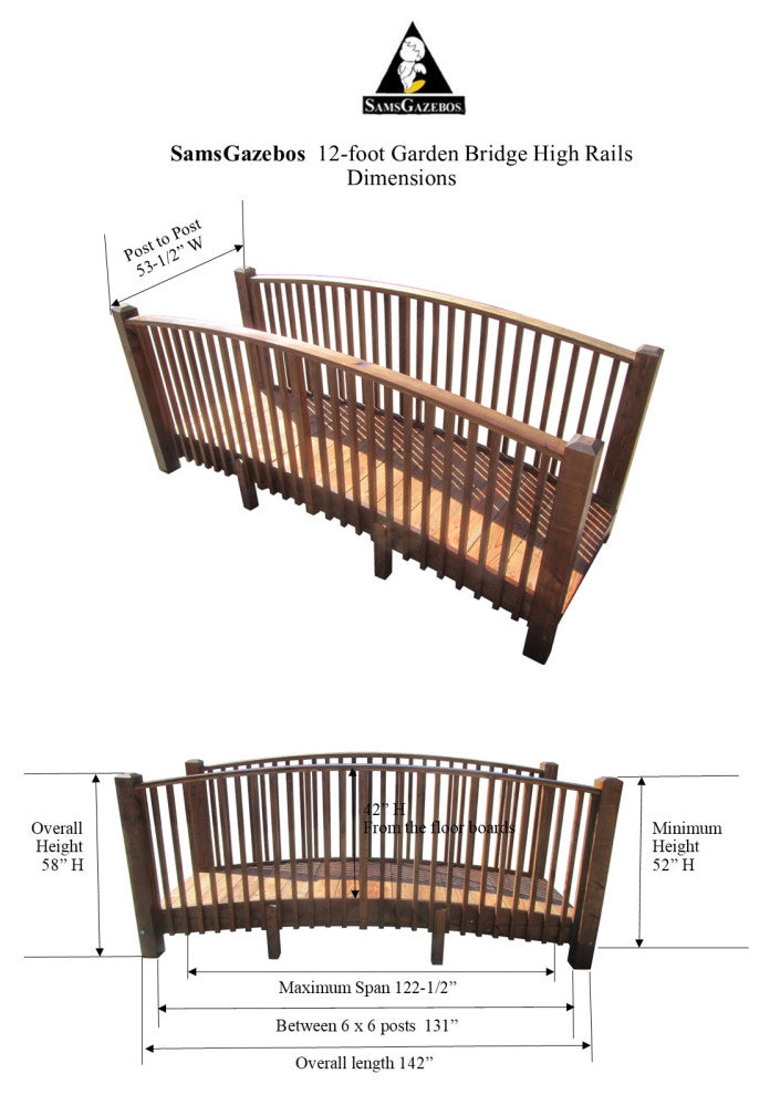 12 ft Commercial Grade Wood Garden Bridge With High Rails