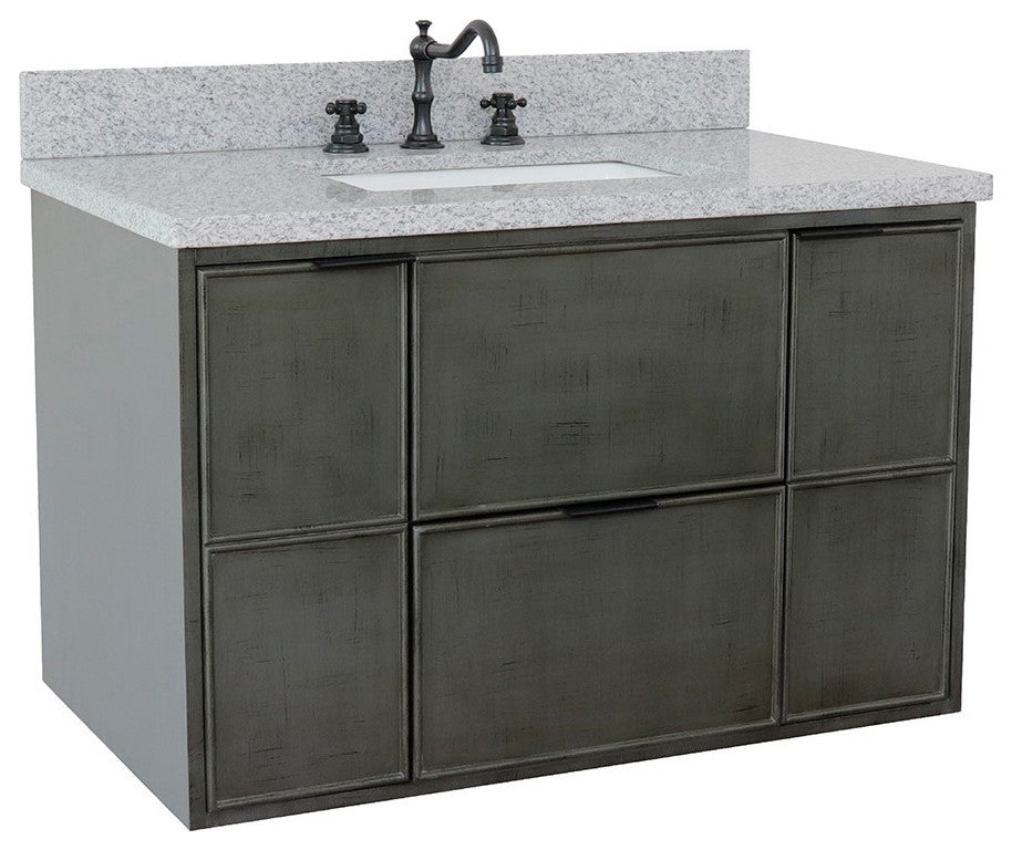 37" Single Wall Mount Vanity, Linen Gray Finish With Gray Granite Top