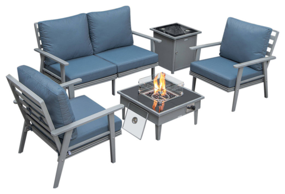 LeisureMod Walbrooke Grey Patio Sofa Set With Square Fire Pit Table, Navy Blue