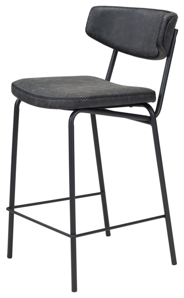 Counter Stool Chair, Set of 2, Faux Vinyl Leather, Steel, Vintage Black, Cafe