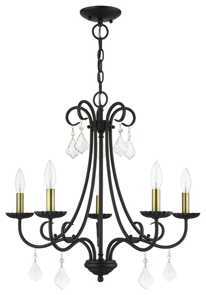 Daphne 5-Light Black Chandelier, Antique Brass Accents and Clear Crystals