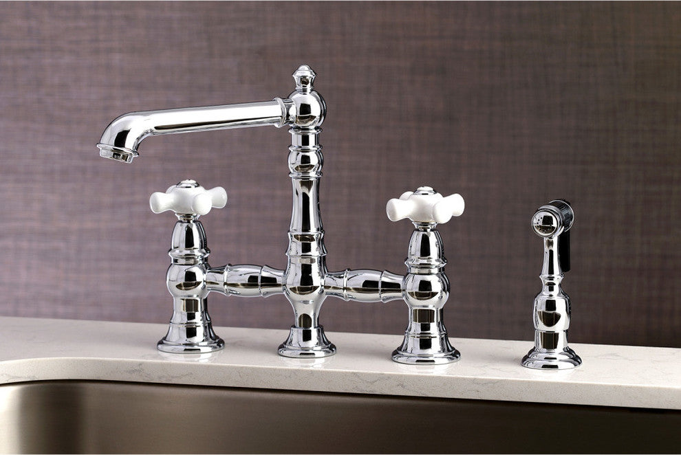 Kingston Brass Bridge Kitchen Faucet With Sprayer, Polished Chrome
