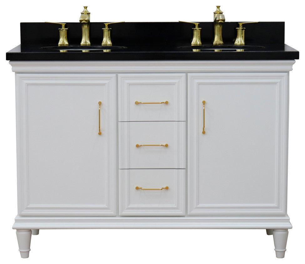 49" Double Vanity, White Finish With Black Galaxy And Oval Sink
