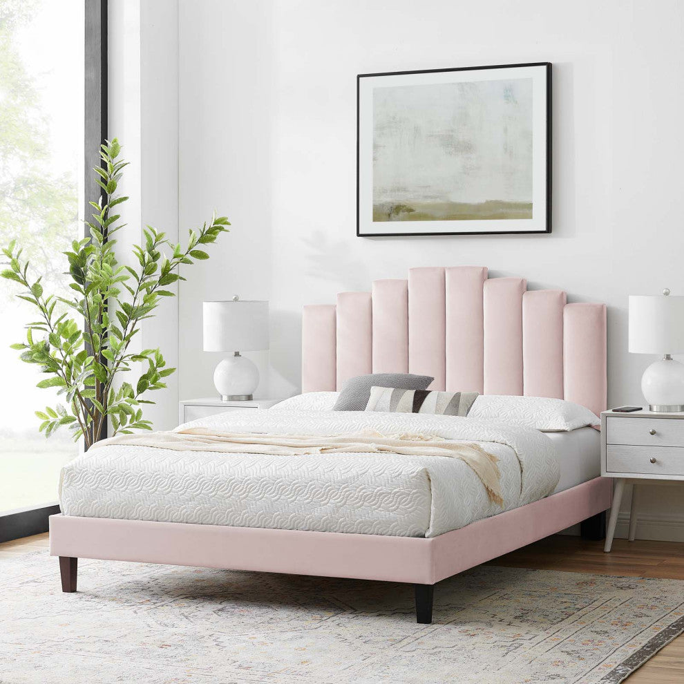 Platform Bed Frame, King Size, Velvet, Pink, Modern Contemporary, Bedroom Master